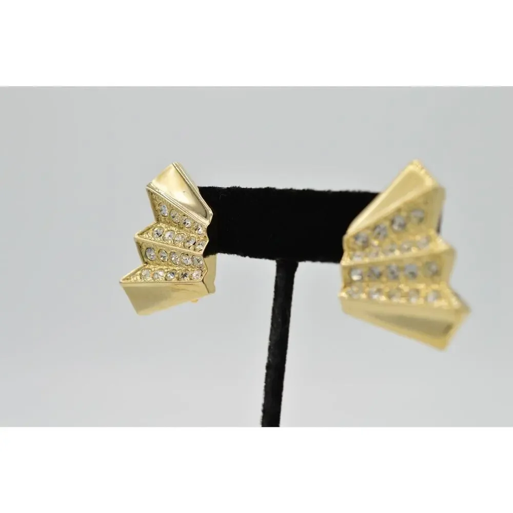 Vintage Crystal Clip On Earrings Gold Tone Sparkling Rhinestone NOS 1980s 9L